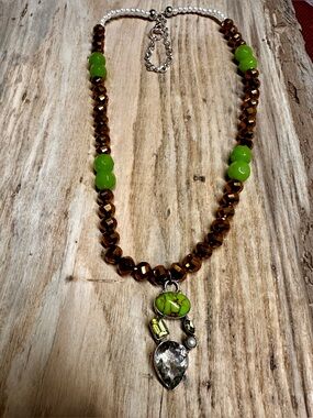 Sterling Silver Green Turquoise, Peridot and Copper Beaded Pendant Necklace